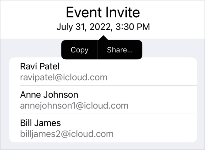 A portion of an iOS view, with header Event Invite and