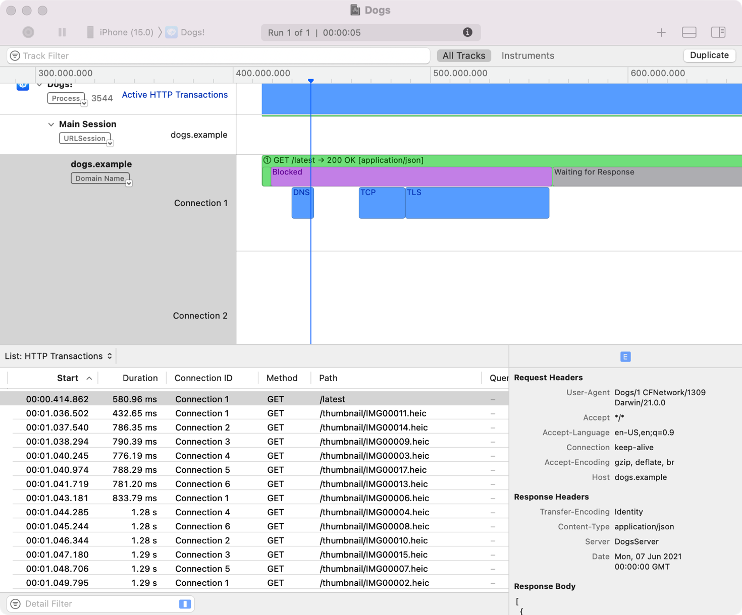 An image showing transactions grouped by connection. There are two transactions under connection 1. The first transaction is the selected one and its request headers appear in the inspector pane.