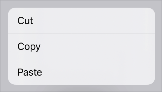 A screenshot of a context menu that contains the three items Cut, Copy,