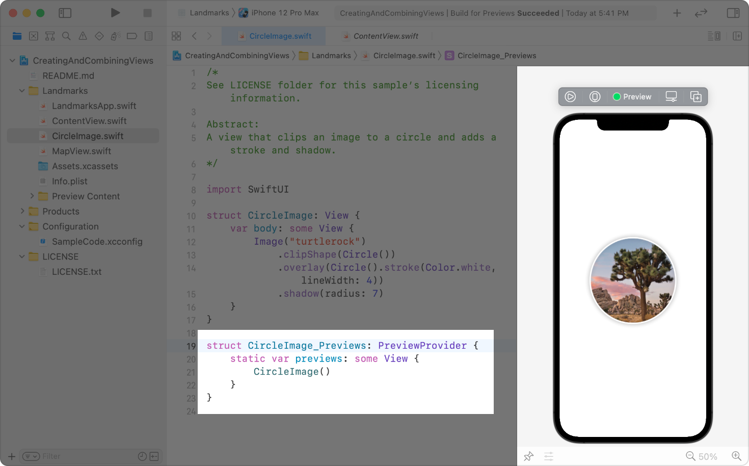A screenshot of Xcode showing code that draws a circular image and the