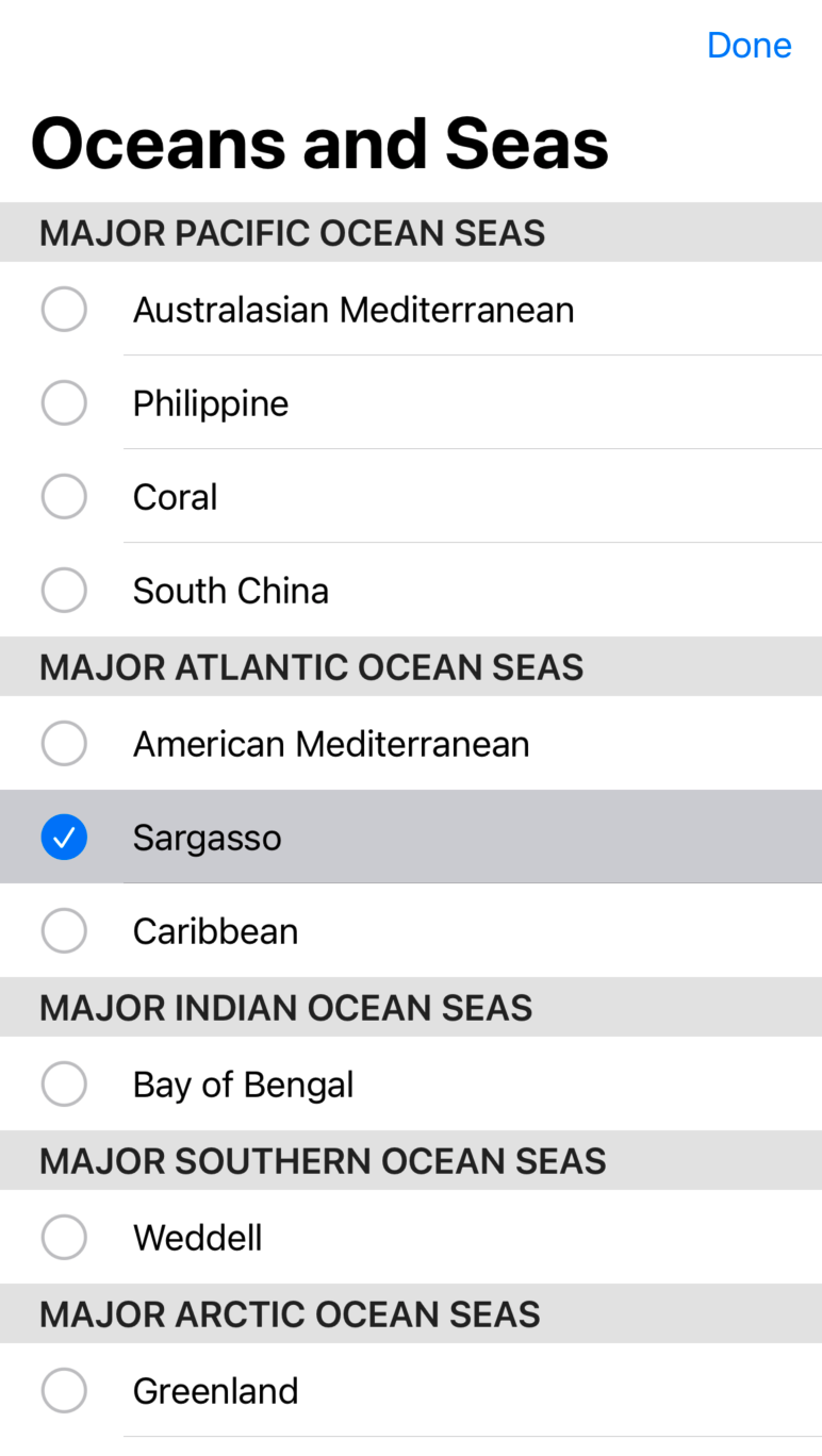 A vertical list split into sections titled Major Pacific Ocean Seas,