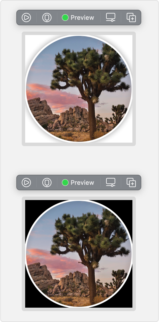 A screenshot of the Xcode canvas previewing a circular image twice,