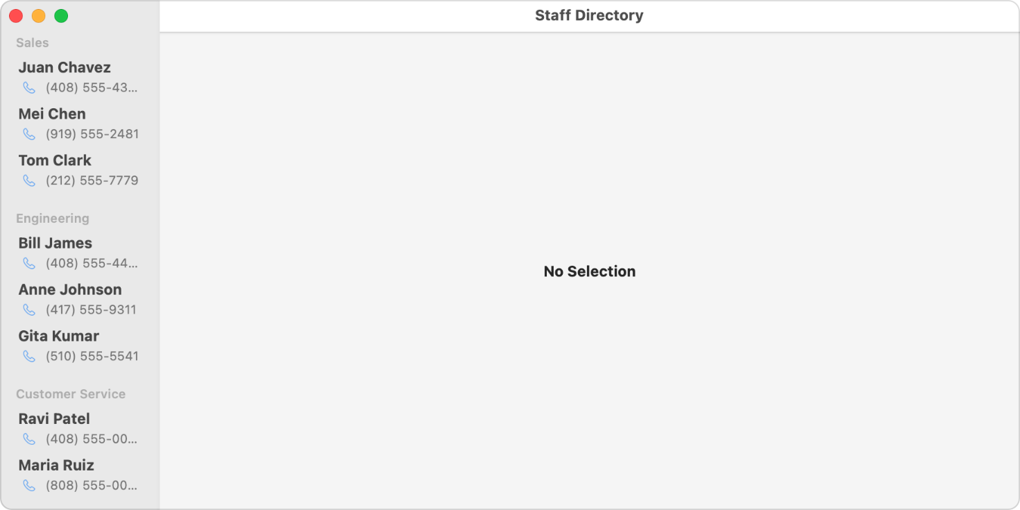 A macOS window titled Staff Directory, with a narrow column on the left that