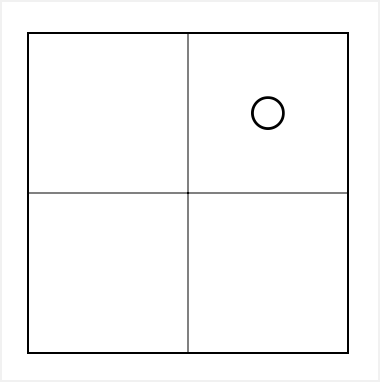 A figure of a square with hairline crosshairs that divide the box into four equal sections. A small circle is offset from the apex of the crosshairs, 40 points up and 40 points toward the trailing edge of the box.