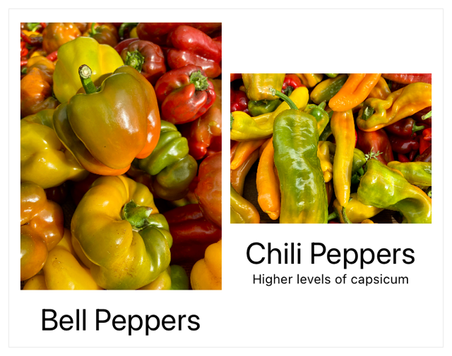 Two stacks that each contain an image and a title beneath the image, vertically centered. The left stack contains an image in portrait mode with the title Bell Peppers beneath it. The right stack contains an image in landscape mode with the title Chili Peppers beneath it, and an additional caption that says Higher levels of capsicum.