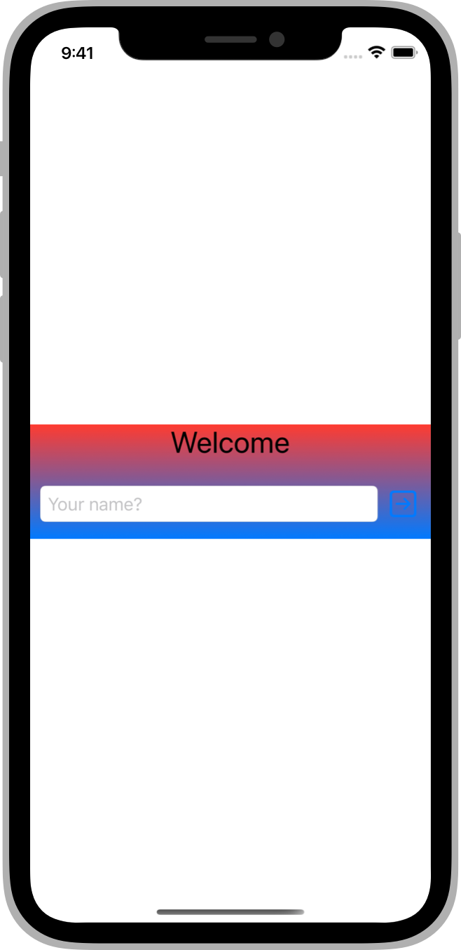 A screenshot of an iPhone showing a gradient background for the welcome title, text field, and button in the horizontal stack, not filling in the rest of the phone’s background.