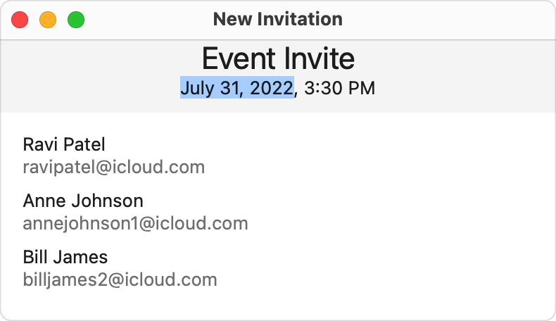 A macOS window titled New Invitation, with header Event Invite and