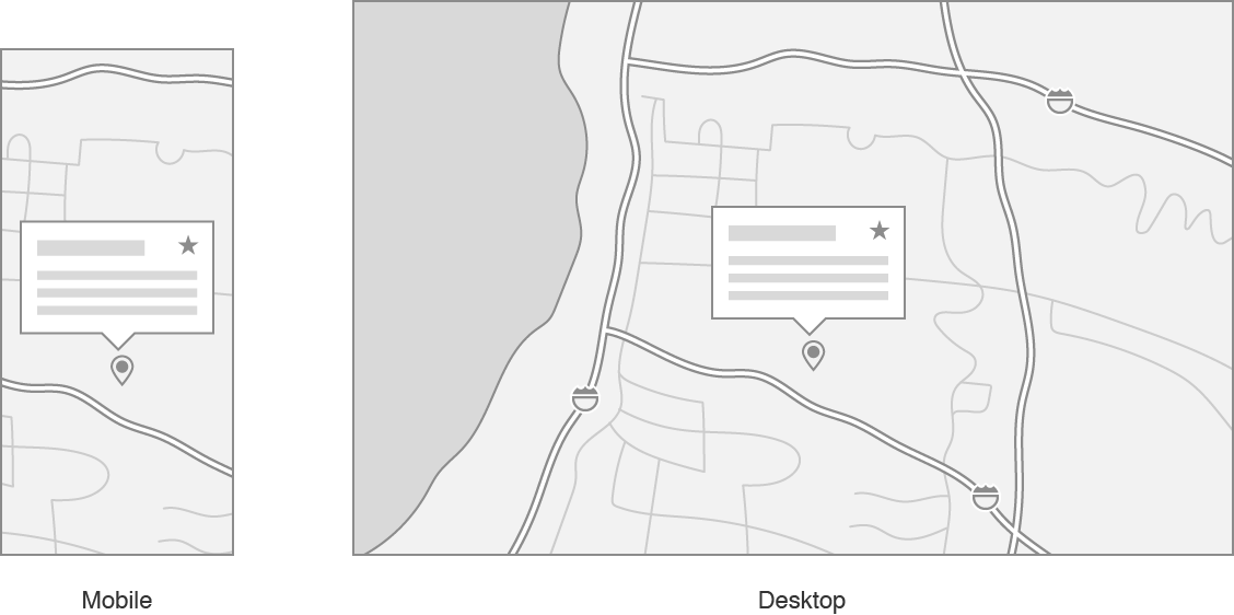 Outlines of mobile and desktop devices, showing a specific point of interest on a map.