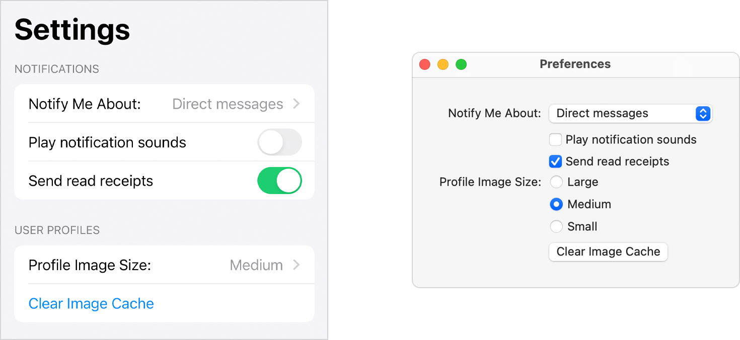 A diagram showing a macOS preferences window, and an iOS settings screen next to each other. The screens both contain the same settings, but they use different, platform-appropriate controls.