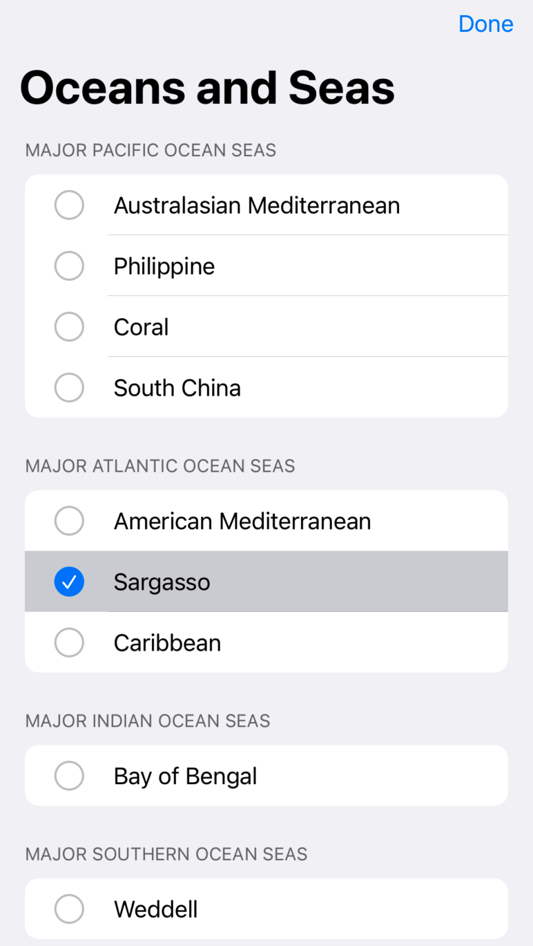 A vertical list split into sections titled Major Pacific Ocean Seas,