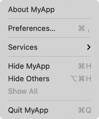 A screenshot of the MyApp application menu, showing the active