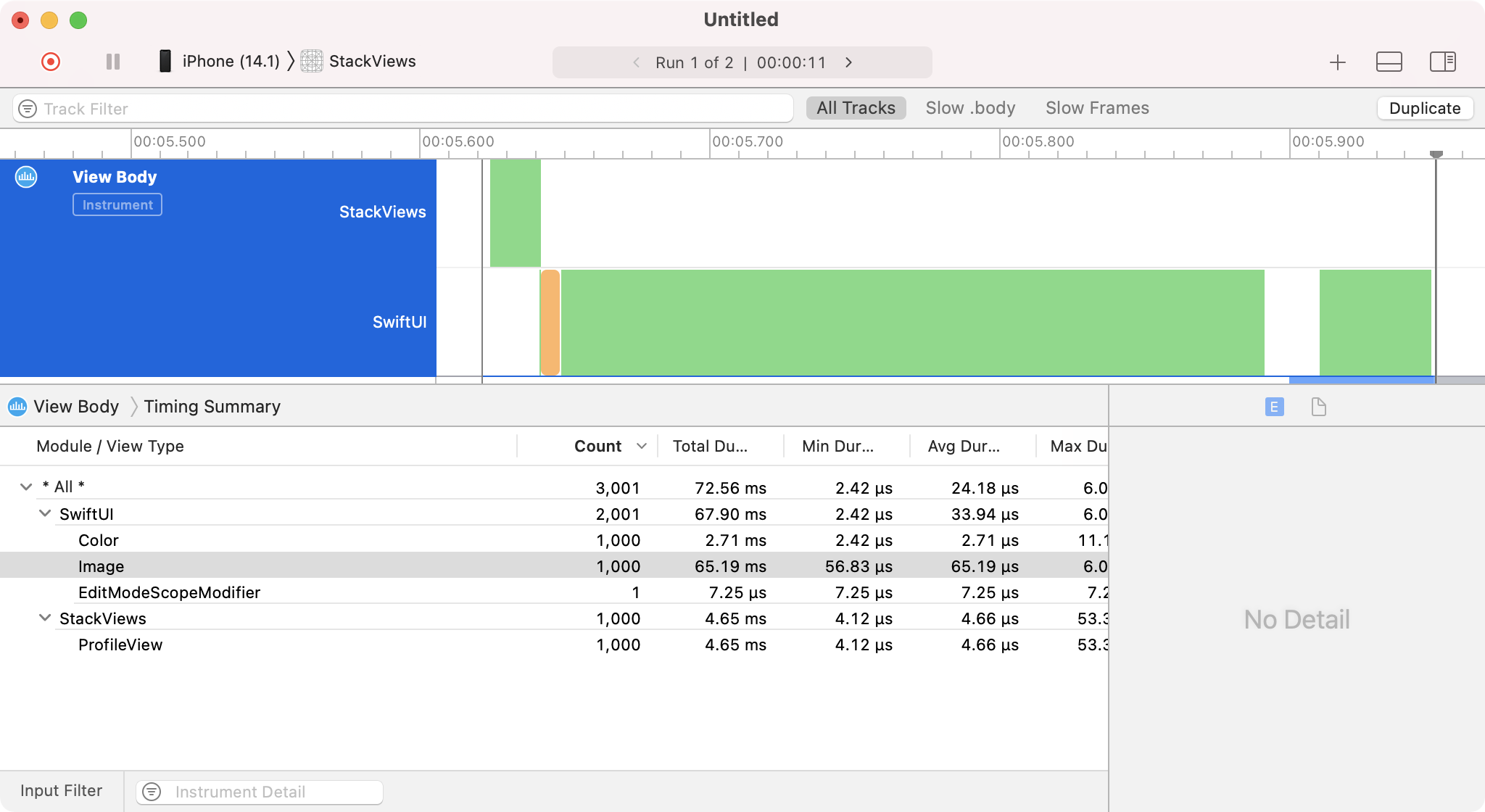 Screenshot from the Instruments tool showing a large amount of views loading all at the same time.