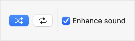 A screenshot of several horizontally arranged items: two buttons, a vertical divider line, a checkbox, and the text Enhance sound. The first button has two right facing arrows that cross over in the middle and is active with a blue tint. The second button has one right and one left facing arrow and is inactive with a neutral tint. The check box is checked and has a blue tint.