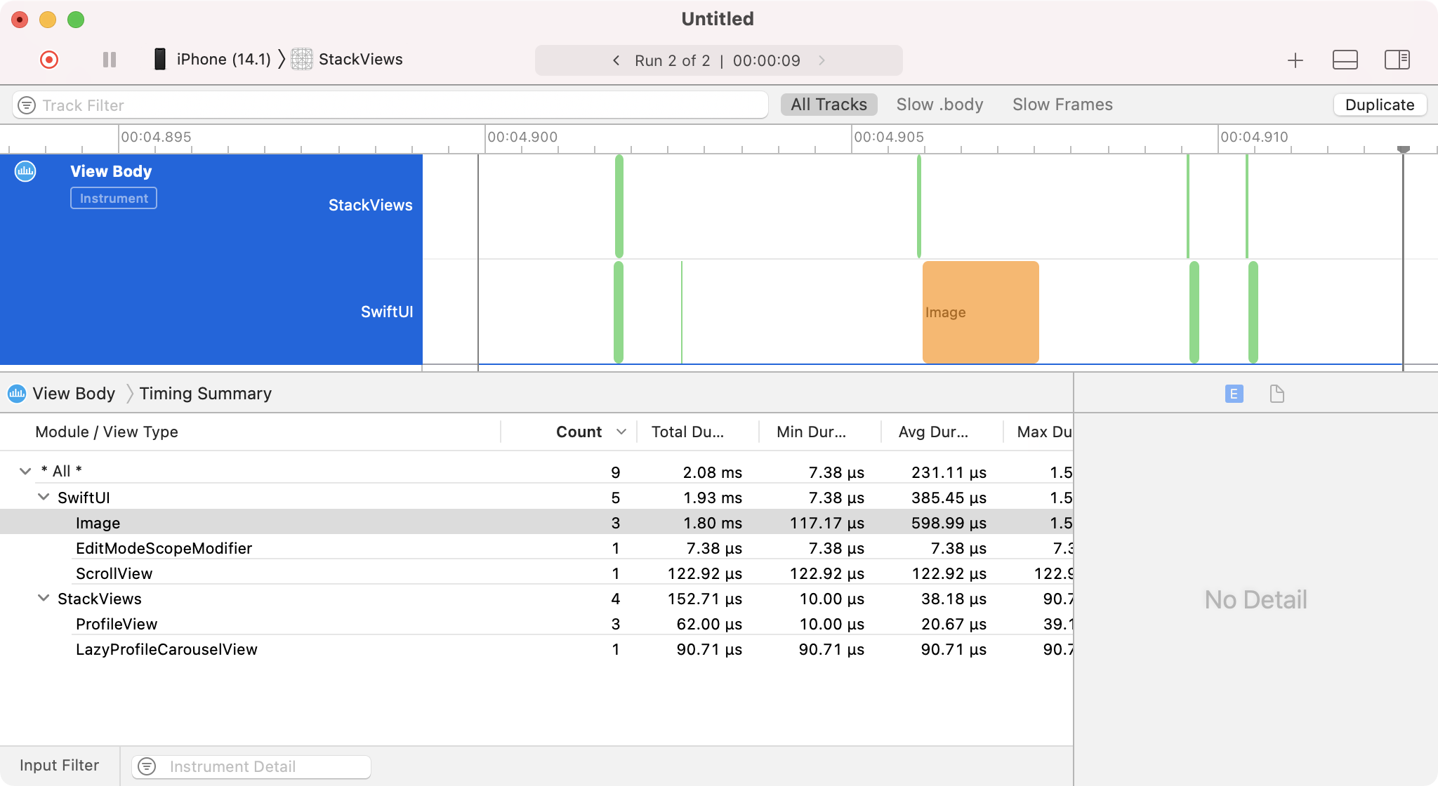 Screenshot from the Instruments tool showing a small amount of views loading.