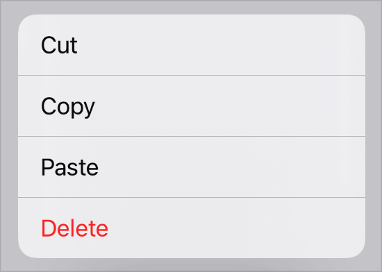 A screenshot of a context menu that contains the four items Cut, Copy,