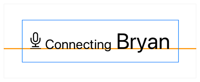 A blue rectangle defines the padded boundary of an HStack, in which a microphone image against the left side, followed the word Connecting styled as a caption, then the name Bryan styled as a title. The child views are spaced evenly across the stack and aligned with the text baselines matching the bottom of the microphone image. An orange line runs underneath the view, displaying the location of the baseline alignment guide.