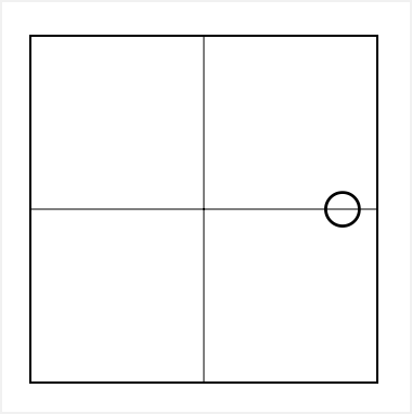 A figure of a square with hairline crosshairs that divide the box into four equal sections. A small circle is positioned to the right of the apex of the crosshairs, 80 points down from the top of the box and 144 points toward the trailing edge, measured from the origin coordinates of the square’s view.