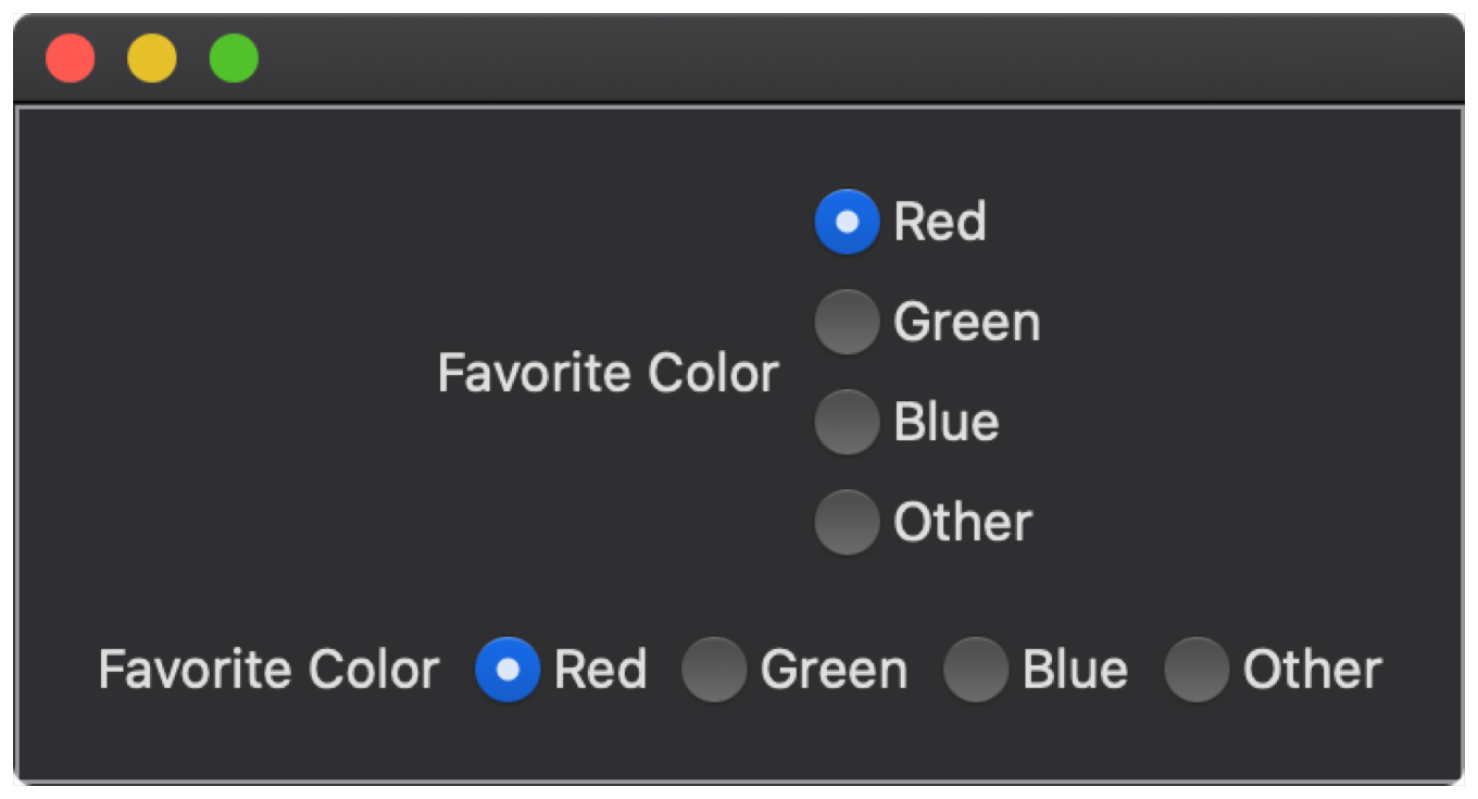 A screenshot showing radio button groups laid out horizontally and