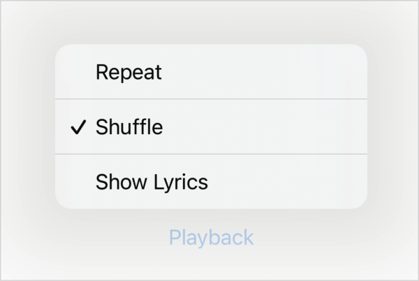 A screenshot of a Playback menu in iOS showing three menu items with the labels Repeat, Shuffle, and Show Lyrics. The shuffle item has a checkmark to its left, while the other two items have a blank space to their left.