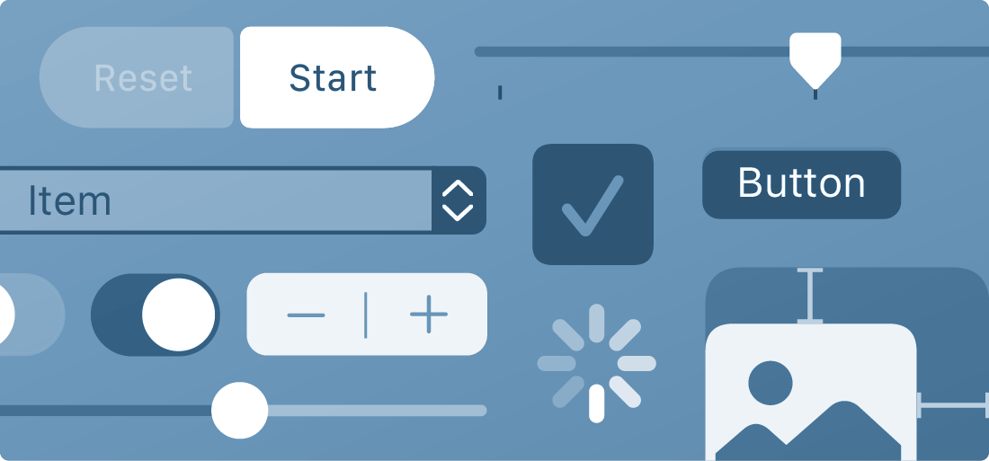 An illustration showing a variety of different kinds of built-in controls that SwiftUI provides, like buttons, sliders, steppers, toggles, and pickers.