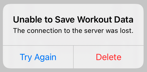 An alert dialog with the title, Unable to Save Workout Data in bold text, and