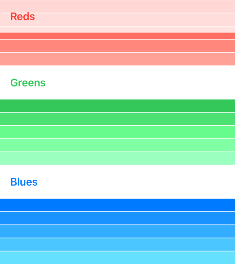 A screenshot showing a lazy stack view with multiple sections, configured in the same way as in the first screenshot. In this screenshot, the user has scrolled down and the colored views show behind the section header, which is pinned to the top of the container view.