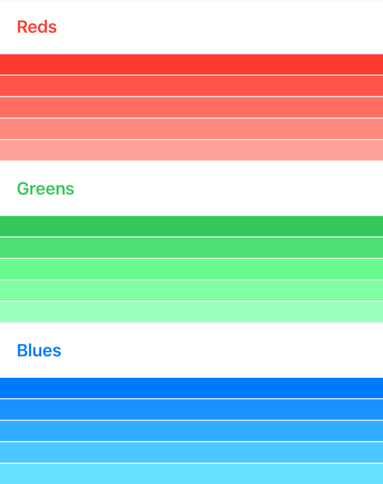 A screenshot showing a lazy stack view with multiple sections. Each section header contains the name of the color, followed by a set of views showing varying shades of that color.