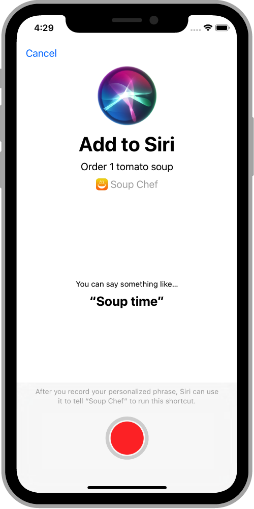 A screenshot of adding a shortcut to Siri for one order of tomato soup.