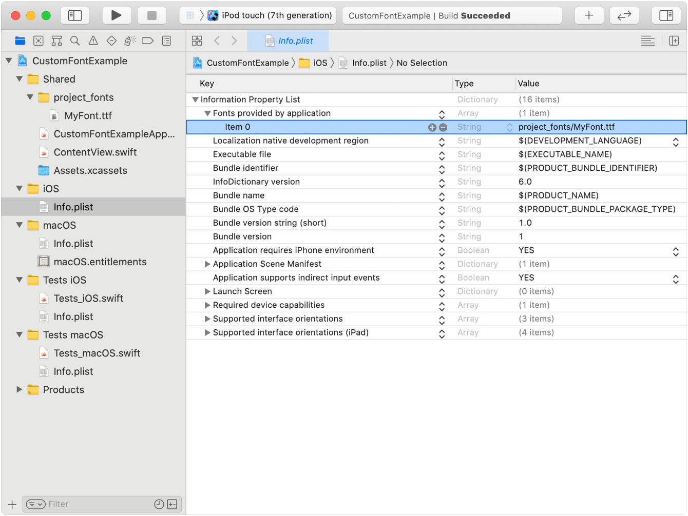 A screenshot of Xcode showing the Info plist file with the key Fonts provided by the app as an array that contains a single entry of project_fonts/MyFont.ttf