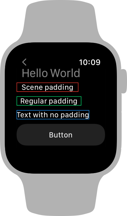 A watchOS screenshot with the title Hello World and a back button