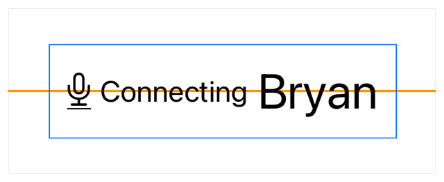 A blue rectangle defines the padded boundary of an HStack, in which a microphone image against the left side, followed the word Connecting styled as a caption, then the name Bryan styled as a title. The child views are spaced evenly across the stack and centered vertically. An orange line runs underneath the view, displaying the location of the default center alignment guide.