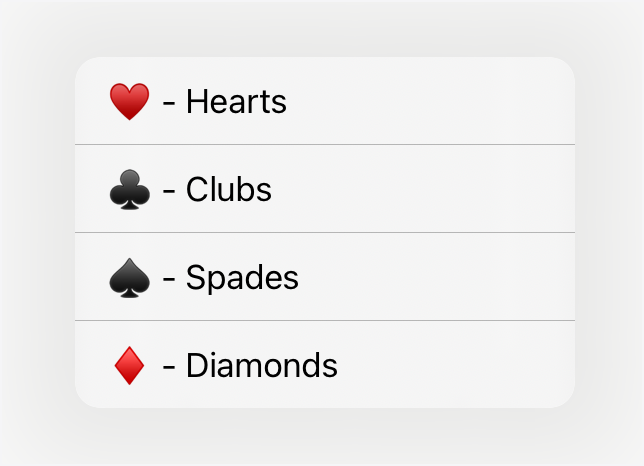 A screenshot of a context menu showing four menu items: Hearts, Clubs,